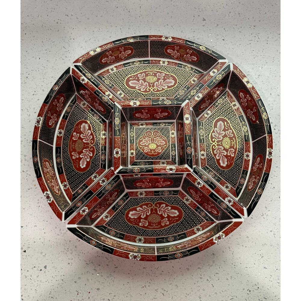 VINTAGE JAPANESE GOLD MUM Painted Porcelain Divided Serving Set 5Pc